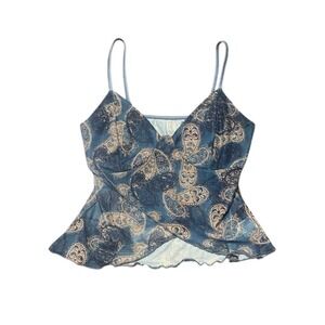 Romwe Top Womens S Blue Fairycore Paisley Printed Mesh Sheer Cami Ruffled Crop